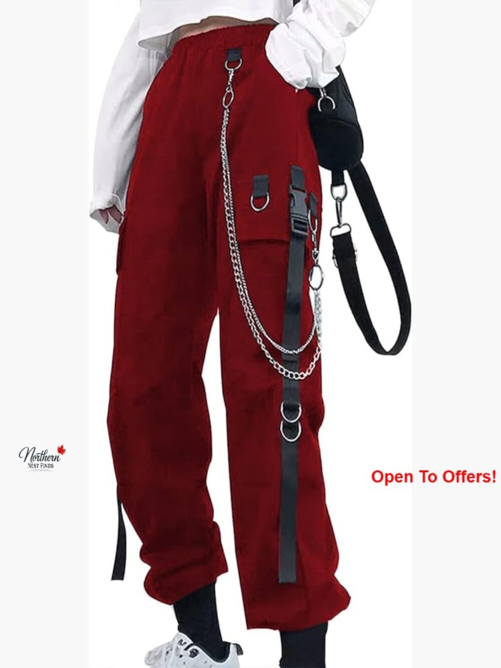 Cargo Pants with Removable Chain, Elastic Waist, Streetwear Joggers
